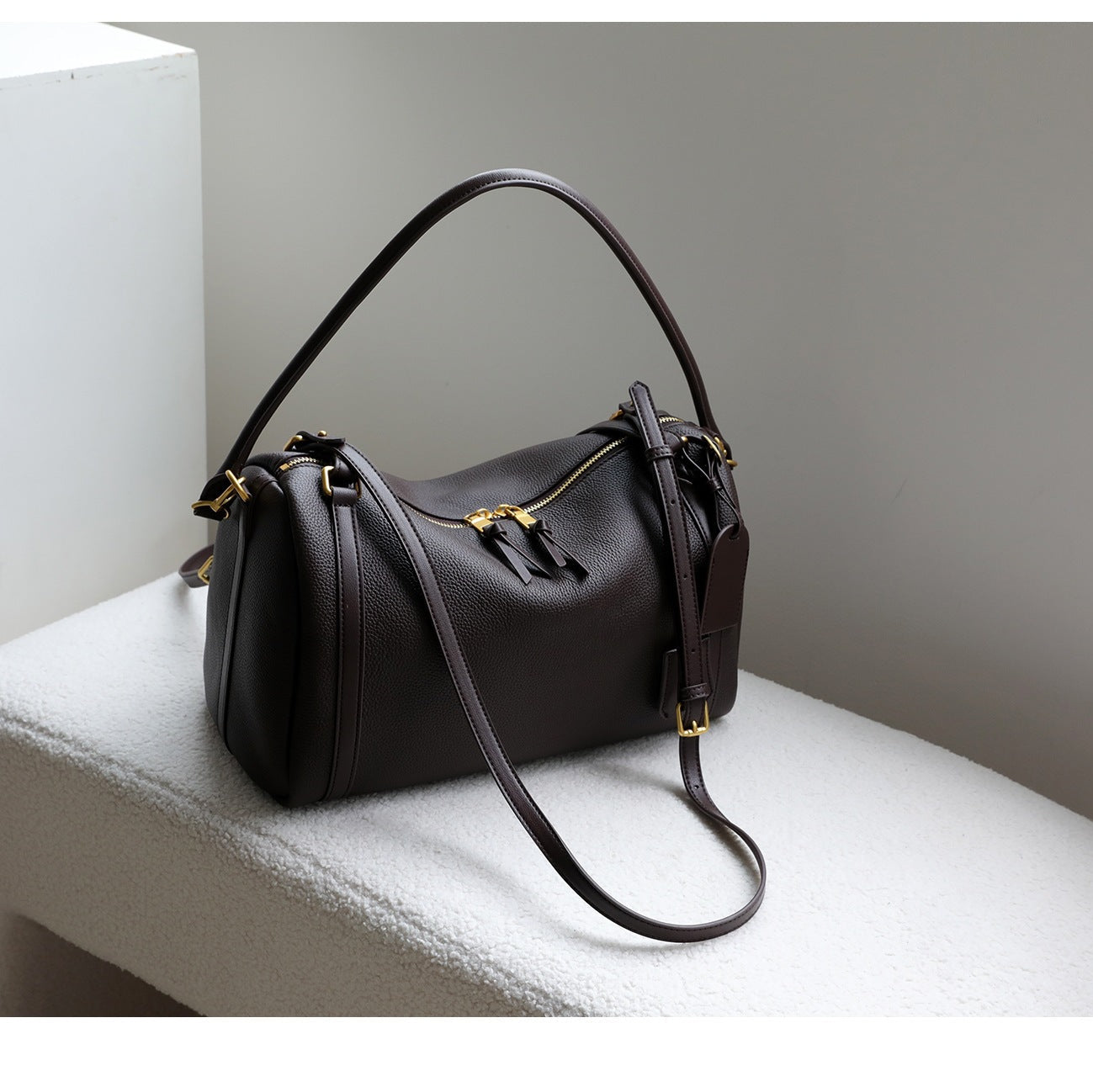 Full Grain Leather Pillow Boston Bag – Pebbled Cowhide & Suede Shoulder Bag | Gold Hardware, Top Handle & Crossbody Strap