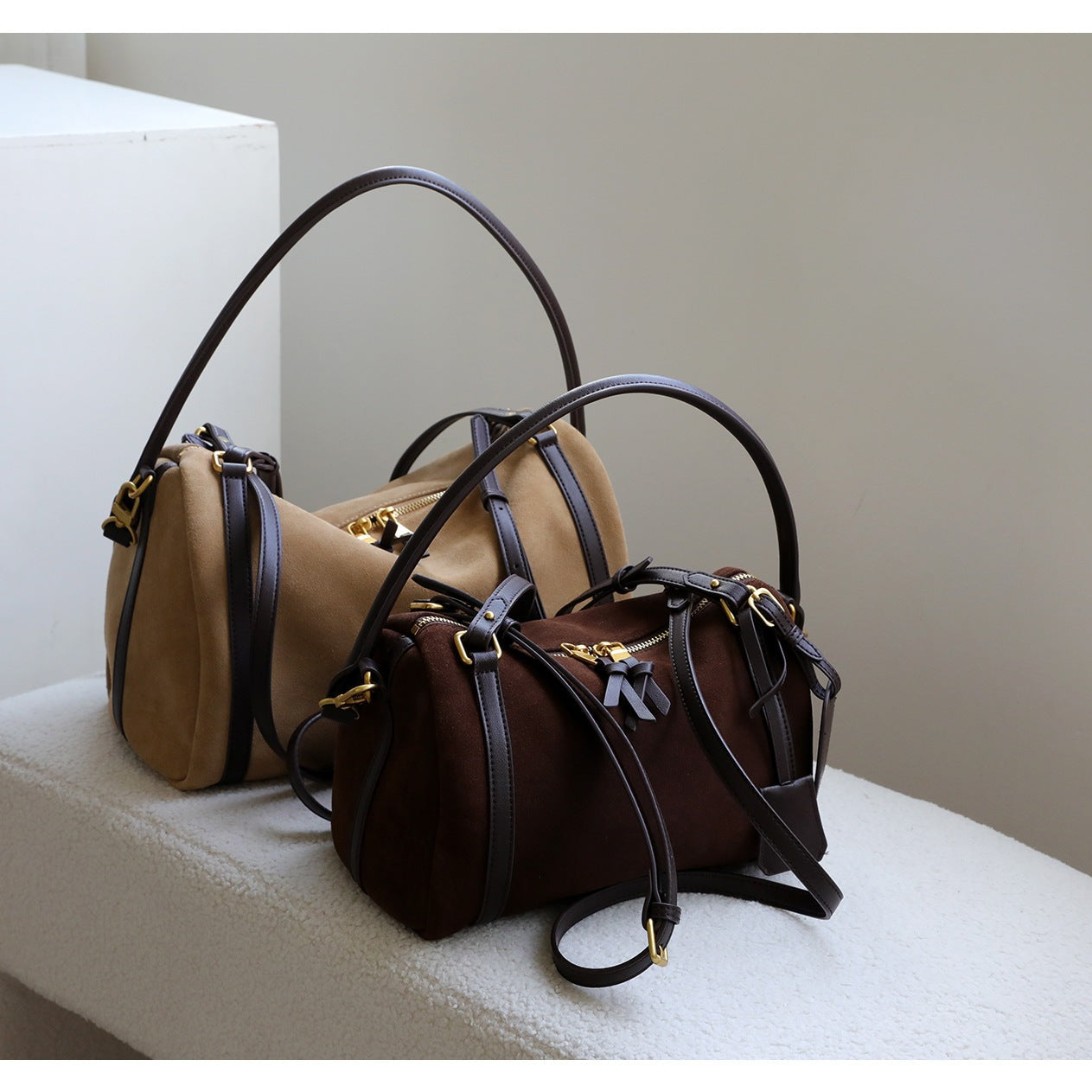 Full Grain Leather Pillow Boston Bag – Pebbled Cowhide & Suede Shoulder Bag | Gold Hardware, Top Handle & Crossbody Strap