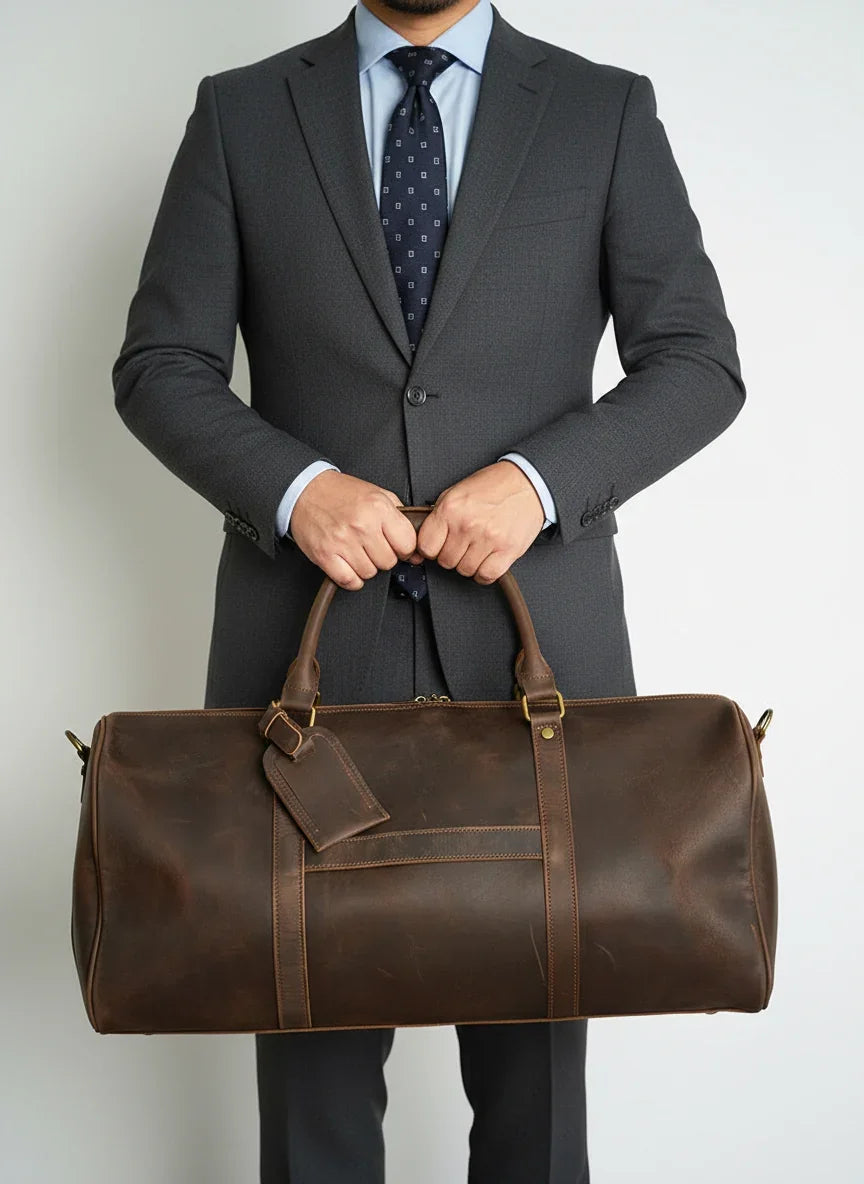 Crazy Horse Full Grain Leather Travel Duffle Bag with Trolley Sleeve | Weekender Tote for Men & Women