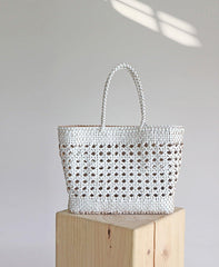 Genuine Leather Hand Woven Cuboid Shaped Ladies Tote Bag | Open Rattan Woven Triple Jump Bamboo Ladies Hobo Holiday Bag, Weekend Basket Bag