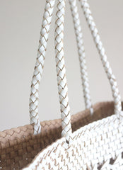 Genuine Leather Hand Woven Cuboid Shaped Ladies Tote Bag | Open Rattan Woven Triple Jump Bamboo Ladies Hobo Holiday Bag, Weekend Basket Bag