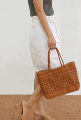 Genuine Leather Hand Woven Cuboid Shaped Ladies Tote Bag | Open Rattan Woven Triple Jump Bamboo Ladies Hobo Holiday Bag, Weekend Basket Bag