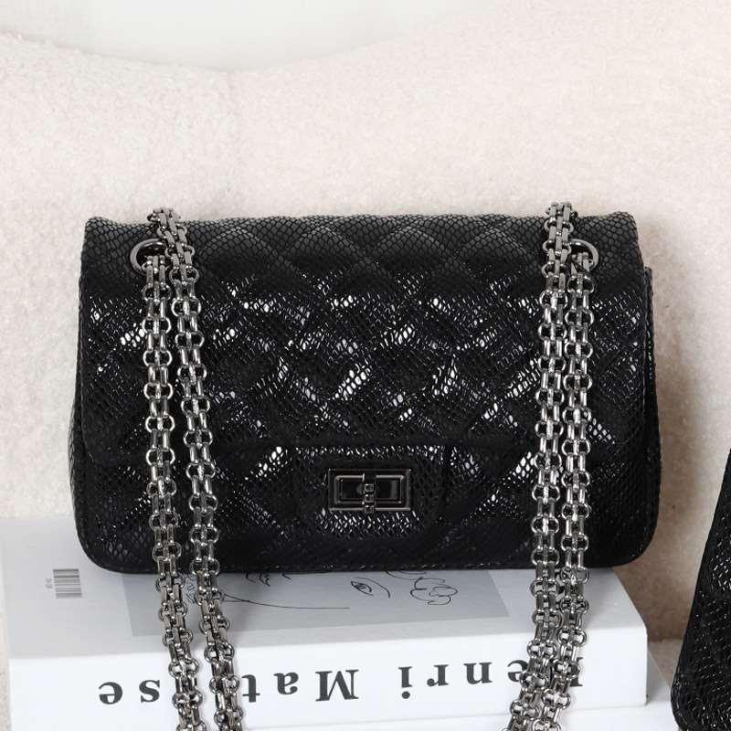 Genuine Caviar Leather Classic Flap Bag | Chain Strap Lock Bag, Leather Shoulder Purse, Diamond and V Geometric