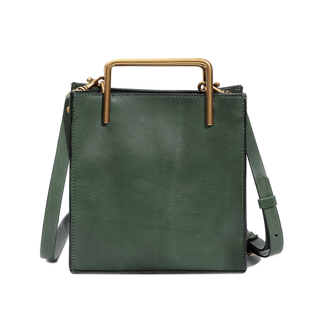 Green genuine cowhide leather shoulder bag with brass handle and adjustable strap