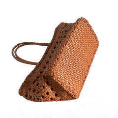 Genuine Leather Hand Woven Cuboid Shaped Ladies Tote Bag | Open Rattan Woven Triple Jump Bamboo Ladies Hobo Holiday Bag, Weekend Basket Bag