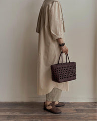 Genuine Leather Hand Woven Cuboid Shaped Ladies Tote Bag | Open Rattan Woven Triple Jump Bamboo Ladies Hobo Holiday Bag, Weekend Basket Bag