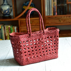 Genuine Leather Hand Woven Cuboid Shaped Ladies Tote Bag | Open Rattan Woven Triple Jump Bamboo Ladies Hobo Holiday Bag, Weekend Basket Bag
