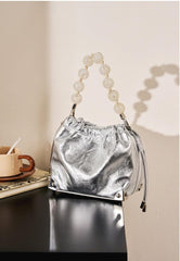 Grace Resin Handle Crossbody Beaded Bucket Bag | Leather Clutch with Floral Pleats