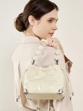 Grace Resin Handle Crossbody Beaded Bucket Bag | Leather Clutch with Floral Pleats - Image 4