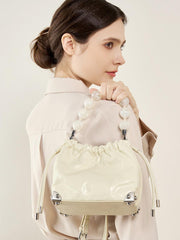 Grace Resin Handle Crossbody Beaded Bucket Bag | Leather Clutch with Floral Pleats