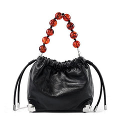 Grace Resin Handle Crossbody Beaded Bucket Bag | Leather Clutch with Floral Pleats