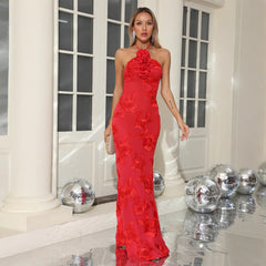 Halter Floral Embroidered Bridal Gown Maxi Dress, Backless Long Evening Dress for Weddings, Formal Events