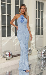 Halter Floral Embroidered Bridal Gown Maxi Dress, Backless Long Evening Dress for Weddings, Formal Events