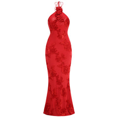 Halter Floral Embroidered Bridal Gown Maxi Dress, Backless Long Evening Dress for Weddings, Formal Events