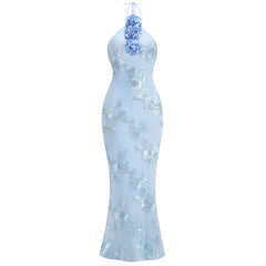 Halter Floral Embroidered Bridal Gown Maxi Dress, Backless Long Evening Dress for Weddings, Formal Events