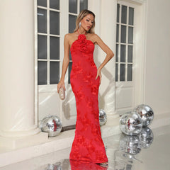 Halter Floral Embroidered Bridal Gown Maxi Dress, Backless Long Evening Dress for Weddings, Formal Events