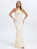 Halter Floral Embroidered Bridal Gown Maxi Dress, Backless Long Evening Dress for Weddings, Formal Events