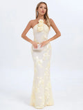 Halter Floral Embroidered Bridal Gown Maxi Dress, Backless Long Evening Dress for Weddings, Formal Events
