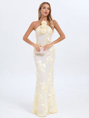 Halter Floral Embroidered Bridal Gown Maxi Dress, Backless Long Evening Dress for Weddings, Formal Events