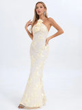 Halter Floral Embroidered Bridal Gown Maxi Dress, Backless Long Evening Dress for Weddings, Formal Events