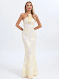Halter Floral Embroidered Bridal Gown Maxi Dress, Backless Long Evening Dress for Weddings, Formal Events