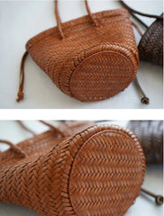 Hand-Woven Cowhide Leather Bucket Bag | Women's Braided Drawstring Basket Purse