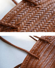 Hand-Woven Cowhide Leather Bucket Bag | Women's Braided Drawstring Basket Purse