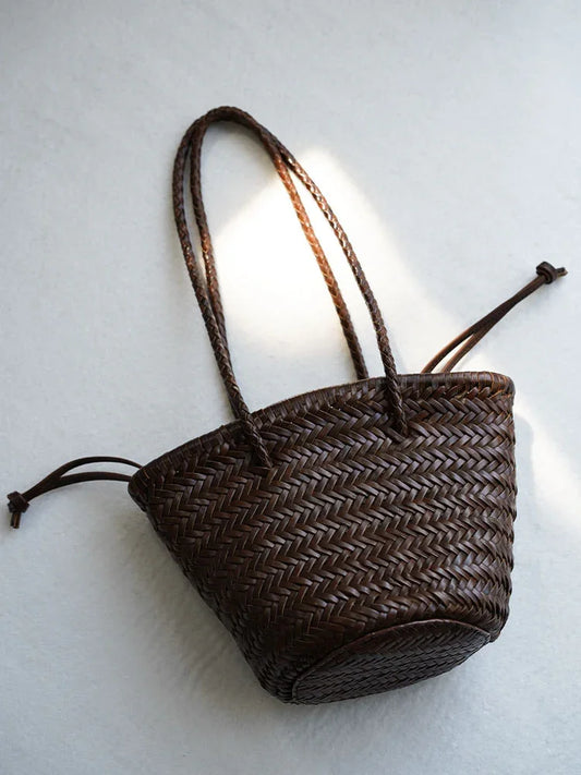 Hand-Woven Cowhide Leather Bucket Bag | Women's Braided Drawstring Basket Purse