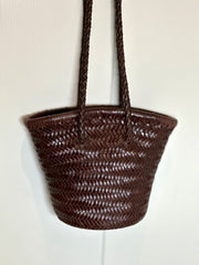 Hand-Woven Cowhide Leather Bucket Bag | Women's Braided Drawstring Basket Purse