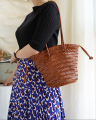 Hand-Woven Cowhide Leather Bucket Bag | Women's Braided Drawstring Basket Purse