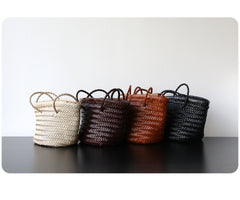 Hand-Woven Cowhide Leather Bucket Bag | Women's Braided Drawstring Basket Purse