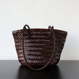 Hand-Woven Cowhide Leather Bucket Bag | Women's Braided Drawstring Basket Purse