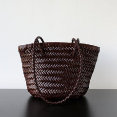 Hand-Woven Cowhide Leather Bucket Bag | Women's Braided Drawstring Basket Purse