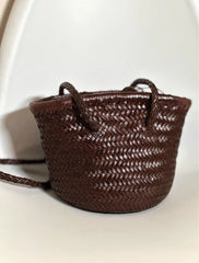 Hand-Woven Cowhide Leather Bucket Bag | Women's Braided Drawstring Basket Purse