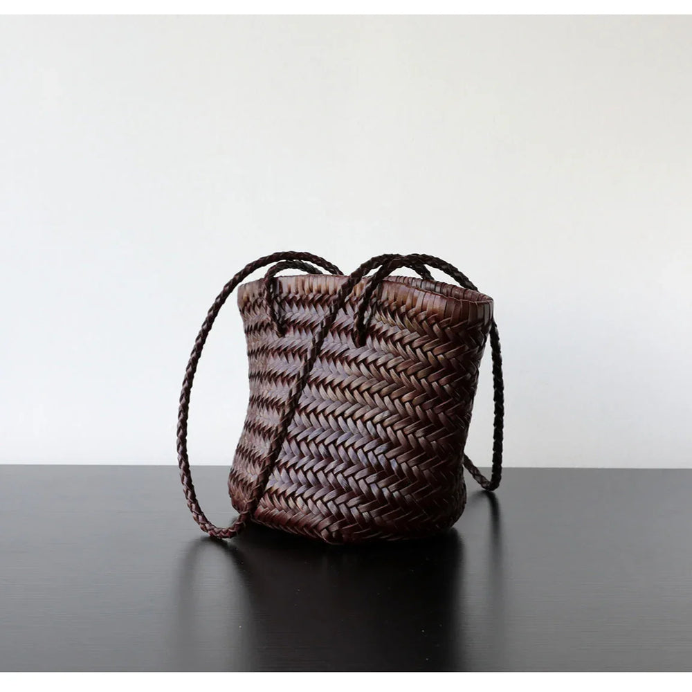 Hand-Woven Cowhide Leather Bucket Bag | Women's Braided Drawstring Basket Purse