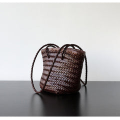 Hand-Woven Cowhide Leather Bucket Bag | Women's Braided Drawstring Basket Purse