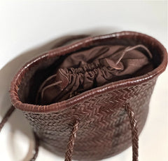 Hand-Woven Cowhide Leather Bucket Bag | Women's Braided Drawstring Basket Purse