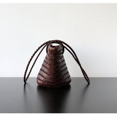Hand-Woven Cowhide Leather Bucket Bag | Women's Braided Drawstring Basket Purse