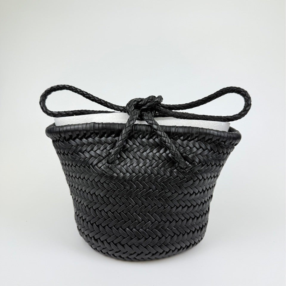 Hand-Woven Cowhide Leather Bucket Bag | Women's Braided Drawstring Basket Purse
