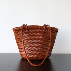 Hand-Woven Cowhide Leather Bucket Bag | Women's Braided Drawstring Basket Purse