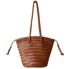 Hand-Woven Cowhide Leather Bucket Bag | Women's Braided Drawstring Basket Purse