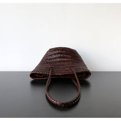 Hand-Woven Cowhide Leather Bucket Bag | Women's Braided Drawstring Basket Purse