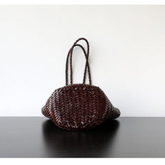 Hand-Woven Cowhide Leather Bucket Bag | Women's Braided Drawstring Basket Purse