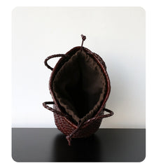 Hand-Woven Cowhide Leather Bucket Bag | Women's Braided Drawstring Basket Purse