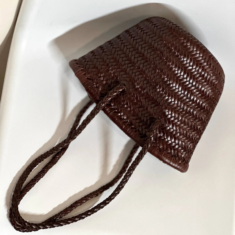 Hand-Woven Cowhide Leather Bucket Bag | Women's Braided Drawstring Basket Purse