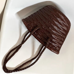 Hand-Woven Cowhide Leather Bucket Bag | Women's Braided Drawstring Basket Purse