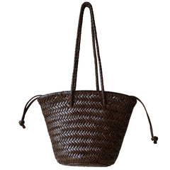 Hand-Woven Cowhide Leather Bucket Bag | Women's Braided Drawstring Basket Purse
