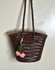 Hand-Woven Cowhide Leather Bucket Bag | Women's Braided Drawstring Basket Purse