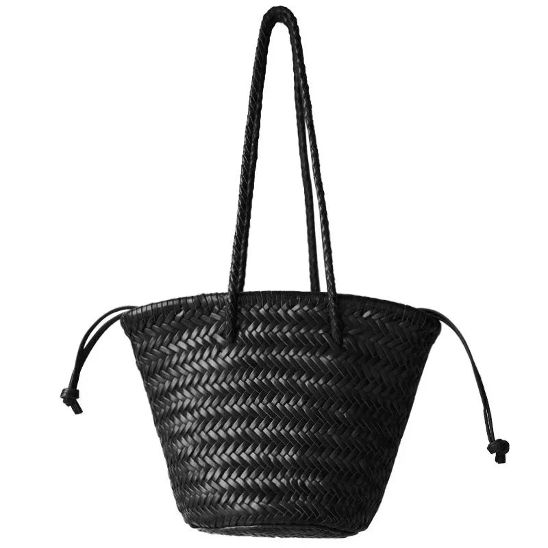 Hand-Woven Cowhide Leather Bucket Bag | Women's Braided Drawstring Basket Purse