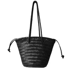 Hand-Woven Cowhide Leather Bucket Bag | Women's Braided Drawstring Basket Purse